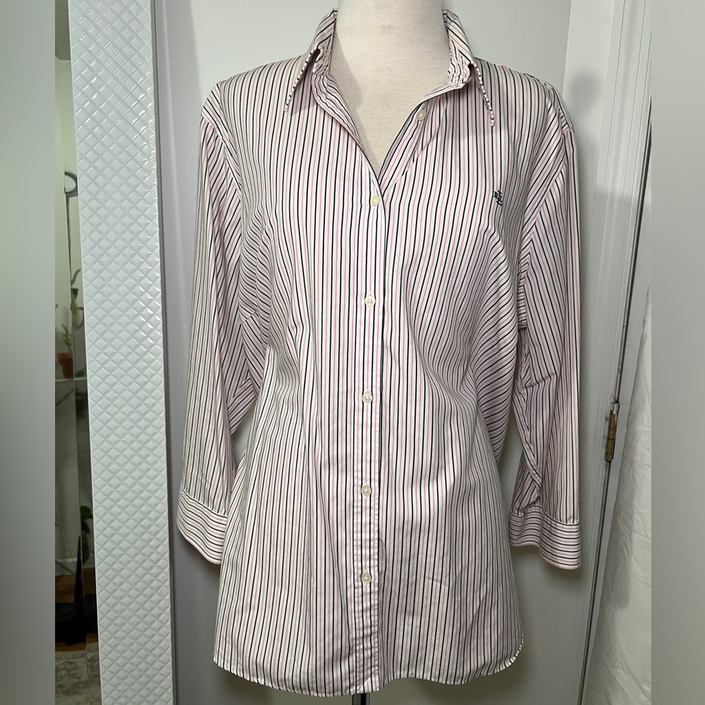 Lauren Ralph Lauren White and Pink Oversized Striped Shirt